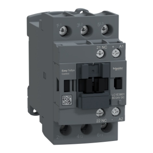 Contator, controle Easy TeSys, LC1E, 3P 3NO, AC-3AC-3e,  440 V, 38 A, bobina 24 V DC, 1 contato auxiliar NC