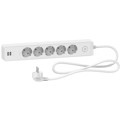 Com fio, extensão Unica, 5 tomadas Schuko, com interruptor, USB tipo AA, cabo de 1,5 m, branco