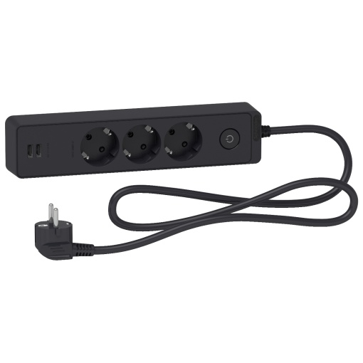 Com fio, extensão Unica, 3 tomadas Schuko, com interruptor, USB tipo AA, cabo de 1,5 m, antracite