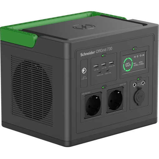 Estação de energia portátil Schneider OffGrid 730, íon de lítio 738Wh, LCD, 2 tomadas CEE 73 Schuko, Sinewave, 3 USB-A, 2 USB-C, carregador sem fio