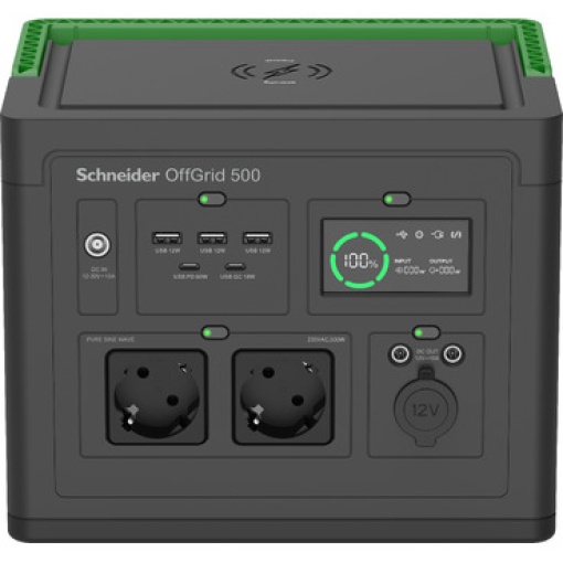 Estação de energia portátil Schneider OffGrid 500, 230 V, 517 Wh de íon de lítio, LCD, 2 tomadas CEE 73 Schuko, Sinewave, 3 USB-A, 2 USB-C
