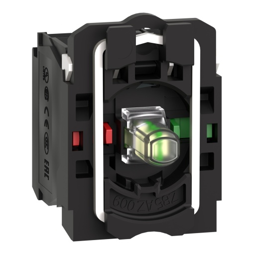 Corpocontacto completo e bloco luminoso, Harmony XB5, plástico, branco, LED universal, corpocolar de fixação, 1NO  1NC, 24V ACDC