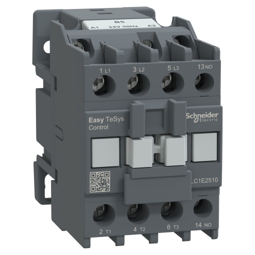 Contator, Easy TeSys Control, LC1E, 3P 3NO, AC-3AC-3e, 440 V, 25 A, bobina de 24 V CA, 50 Hz, 1 contacto auxiliar NO