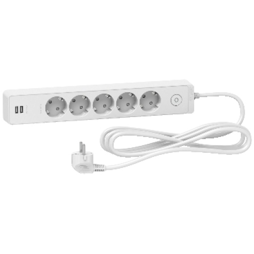 Com fio de alimentação, extensão Unica, 5 tomadas Schuko, com interruptor, USB tipo AA, cabo de 3 m, branco