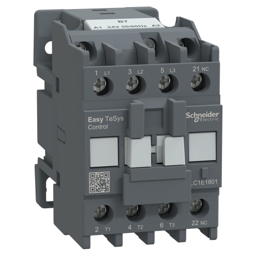 Contator, Easy TeSys Control, LC1E, 3P 3NO, AC-3AC-3e, 440 V, 18 A, bobina de 24 V CA, 5060 Hz, 1 contacto auxiliar NC