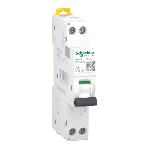 Disjuntor diferencial com proteção contra sobrecorrente RCBO, Acti9 iCVm40N, 1PN, 16 A, curva C, 6000 A, tipo A-SI, 30 mA