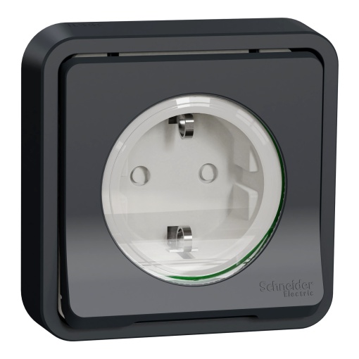 Tomada 2PT monobloco com obturadores, Mureva Styl, encastrar, IP55, 16A, Cinzento