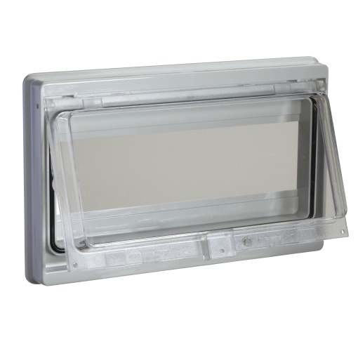 Modular front panel with IP 55 sealed window. Opening 46 x180mm 10 modules.