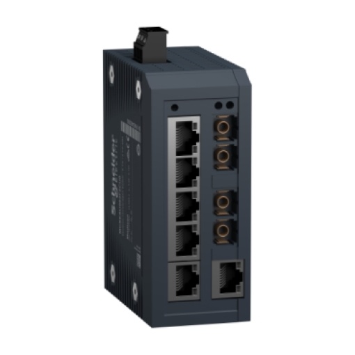 switch de rede, Modicon Networking, modelo padrão não gerido, 6 portas para cabo de cobre e 2 portas para fibra ótica multimodo
