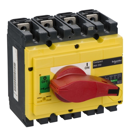 interruptor seccionador Interpact INS250 4P punho vermelhoface frontal amarela