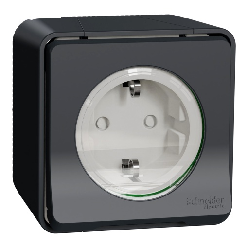 Tomada 2PT com obturadores, Mureva Styl, saliente, ligadores parafuso, IP55, 16A, Cinzento