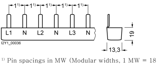 Pin busbar 16 mm² connection 2 x 3 x 1phaseN safe to touch