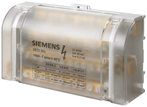 Distribution block 4pole 160 A 500V Input 1x 1035 mm2 Output 3x 6258x