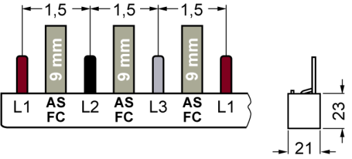 Pin busbar 3x 1phaseAUX 1016 mm long with touch protection 18 mm2