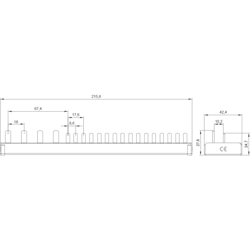 Compact pin busbar 10 mm2 connection 3PN RCCB N right 1x RCCB 4pole
