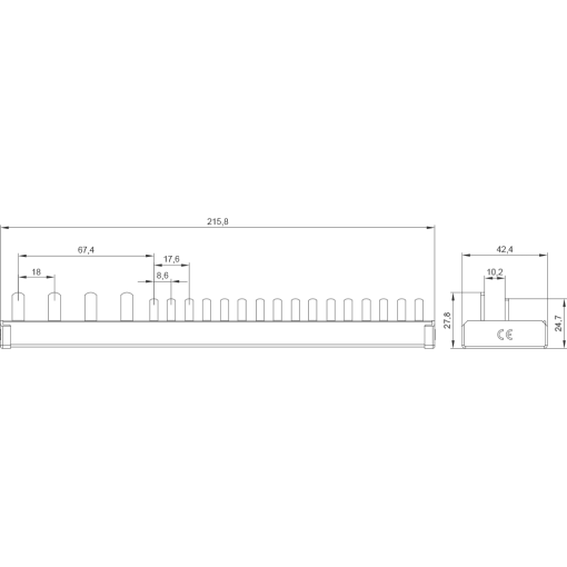 Compact pin busbar 10 mm2 connection 3pole N RCCB N left 1x RCCB 4pole