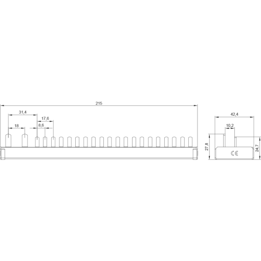 Compact pin busbar 10 mm2 connection 1PN RCCB N right 1x RCCB 2pole