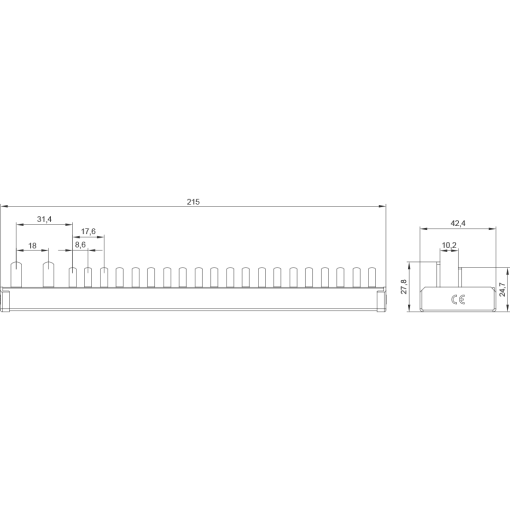 Compact pin busbar 10 mm2 connection 1PN RCCB N left 1x RCCB 2pole