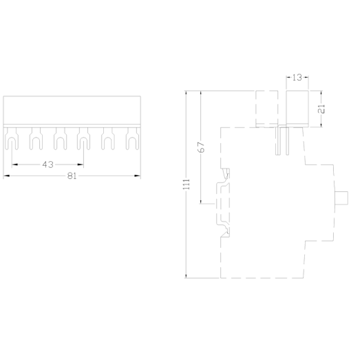 Connection piece for 3-ph. busbars modular spacing 45 mm