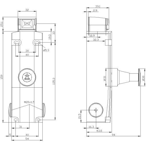 Safety position switch locking force 2600 N 5 directions of approach 3X