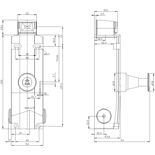 Safety position switch locking force 2600 N 5 directions of approach 3X