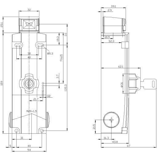 Safety position switch locking force 2600 N 5 directions of approach 3X