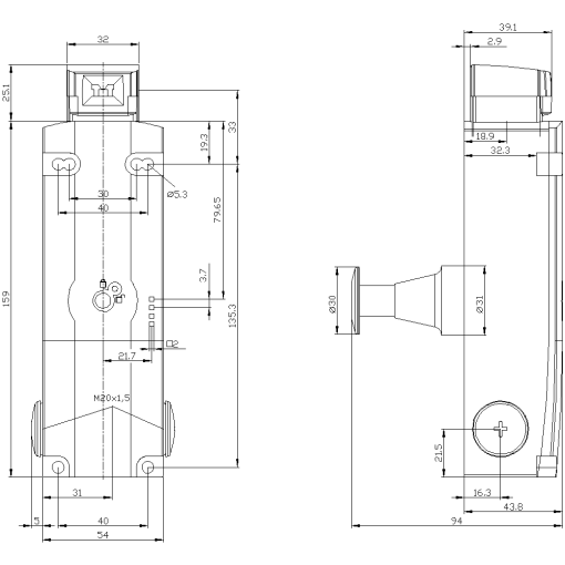 Safety position switch locking force 2600 N 5 directions of approach 3X