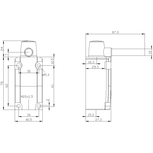 Hinge switch metal encl 40 mm EN50041 with solid shaft D10 mm actuating 