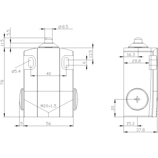 Position switch metal encl 56 mm wide 1 NO1 NC