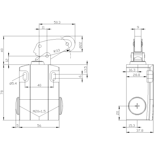 Position switch metal encl 56 mm wide 1 NO1 NC