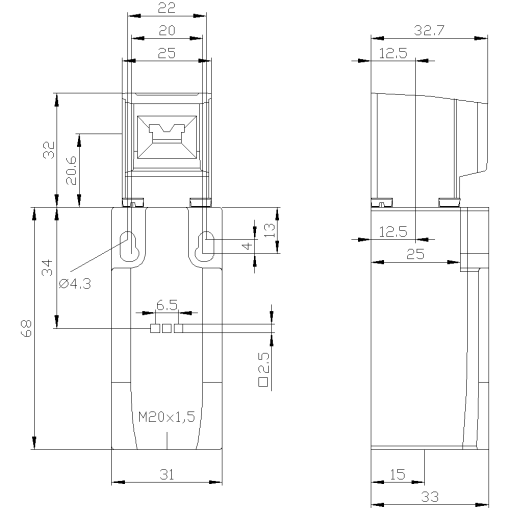 Safety position switch with separate actuator plastic enclosure 31 mm