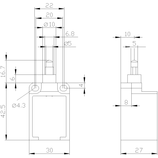 Position switch plastic encl 30 mm Teflon plunger can