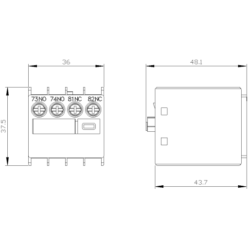 Auxiliary switch 1 NO1 NC current paths 1 NO 1 NC connection from above