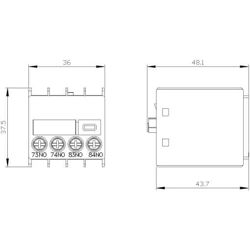 Auxiliary switch 2 NO current paths 1 NO 1 NO connection from below