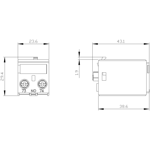 Auxiliary switch 1 NO current path 1 NO connection from below