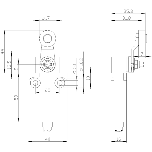 Position switch in compact design 40 mm wide with connection cable 2 m