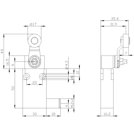 Position switch in compact design 30 mm wide with M12 connector plug