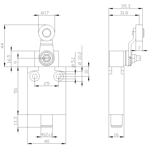 Position switch in compact design 40 mm wide with M12 connector plug