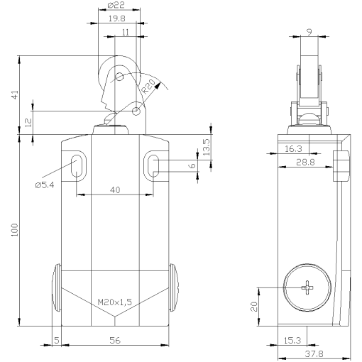 Position switch 3SE5162 metal encl XL 56 mm wide with roller lever