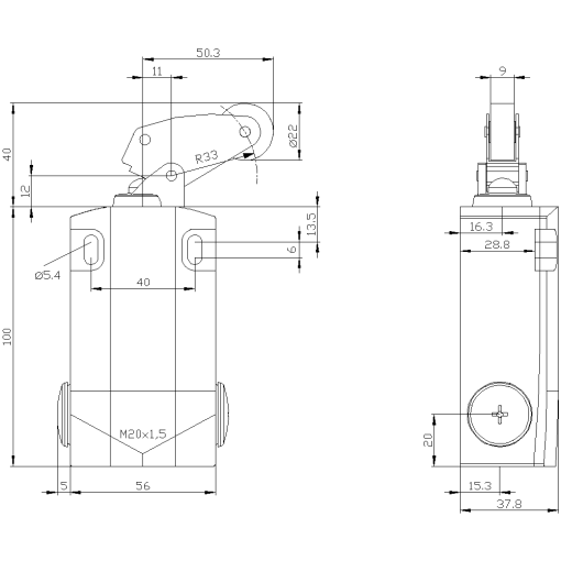 Position switch 3SE5162 metal encl XL 56 mm wide with angular roller lever