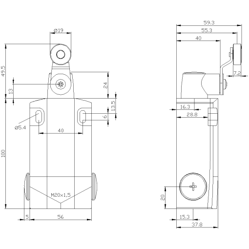 Position switch 3SE5162 metal encl XL 56 mm wide with twist lever 27 mm
