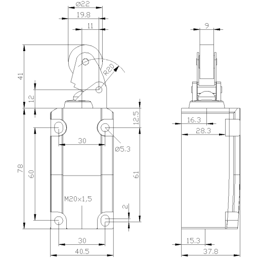 Position switch plastic encl 40 mm EN50041 device connection