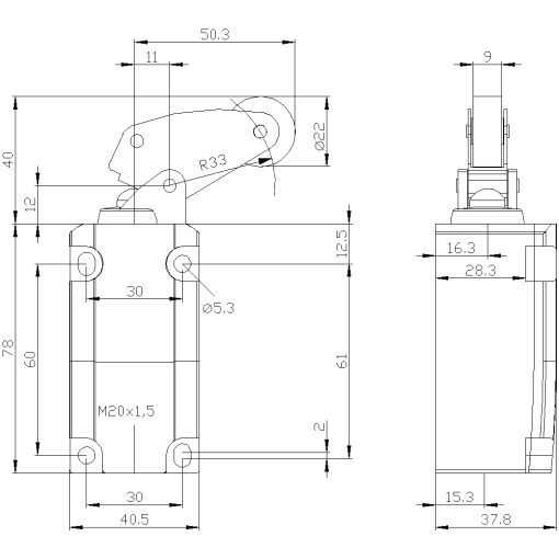 Position switch plastic encl 40 mm EN50041 device connection