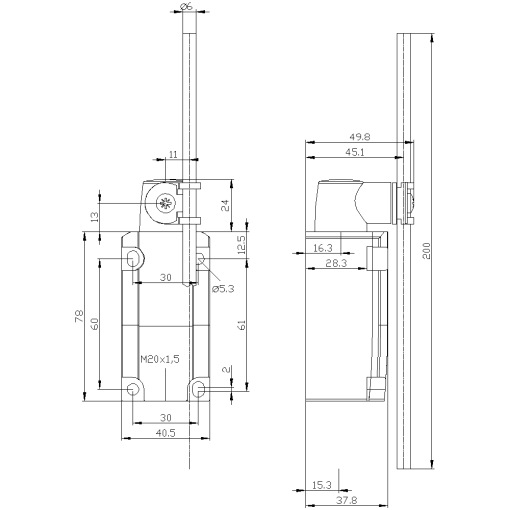 Position switch plastic encl 40 mm EN50041 device connection