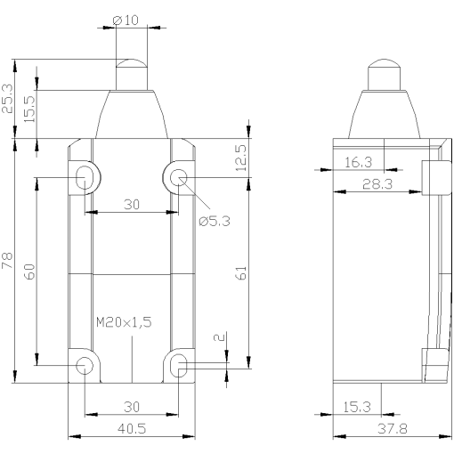 Position switch plastic encl 40 mm EN50041 device connection