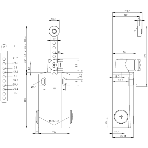 SIRIUS position switch with twist lever adjustable length with grid hole