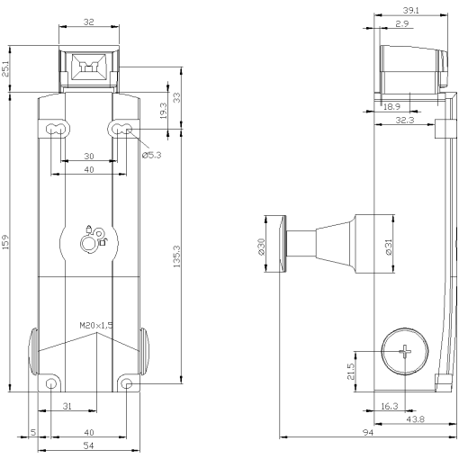 Safety position switch locking force 2600 N 5 directions of approach 3X