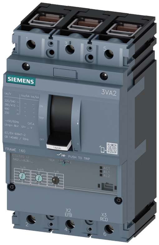 circuit breaker 3VA2 IEC frame 160 breaking capacity class H Icu85kA  415V 