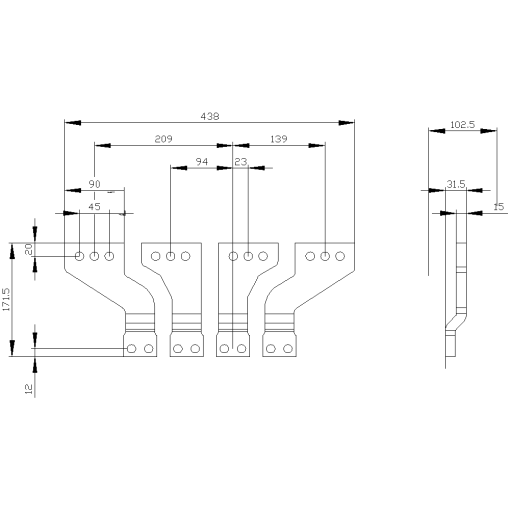 Front broadened main terminal pieces for mounting on front