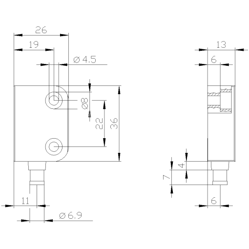 Magnetically operated switch contact block rectangular small 26 x 36 mm for